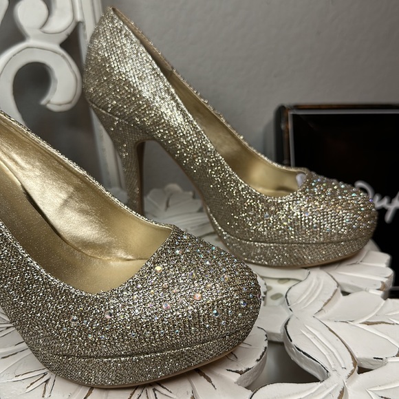 Round Toe champagne Glitter Mesh Rhinestone Studded Low Platform Pump Heel ✨ - Picture 9 of 12